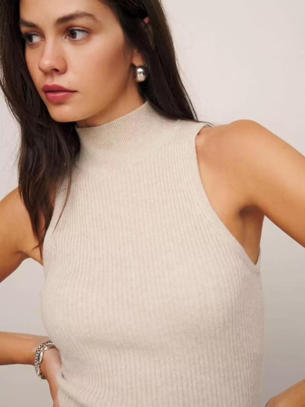 Reformation Farrah Cashmere Mock Neck Sleeveless Top, M
